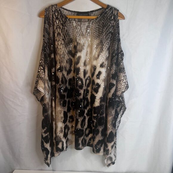 Frank Lyman Sequin Animal Print Poncho Blouse Cut Out Shoulder Bold Safari SZ XL - Picture 9 of 9